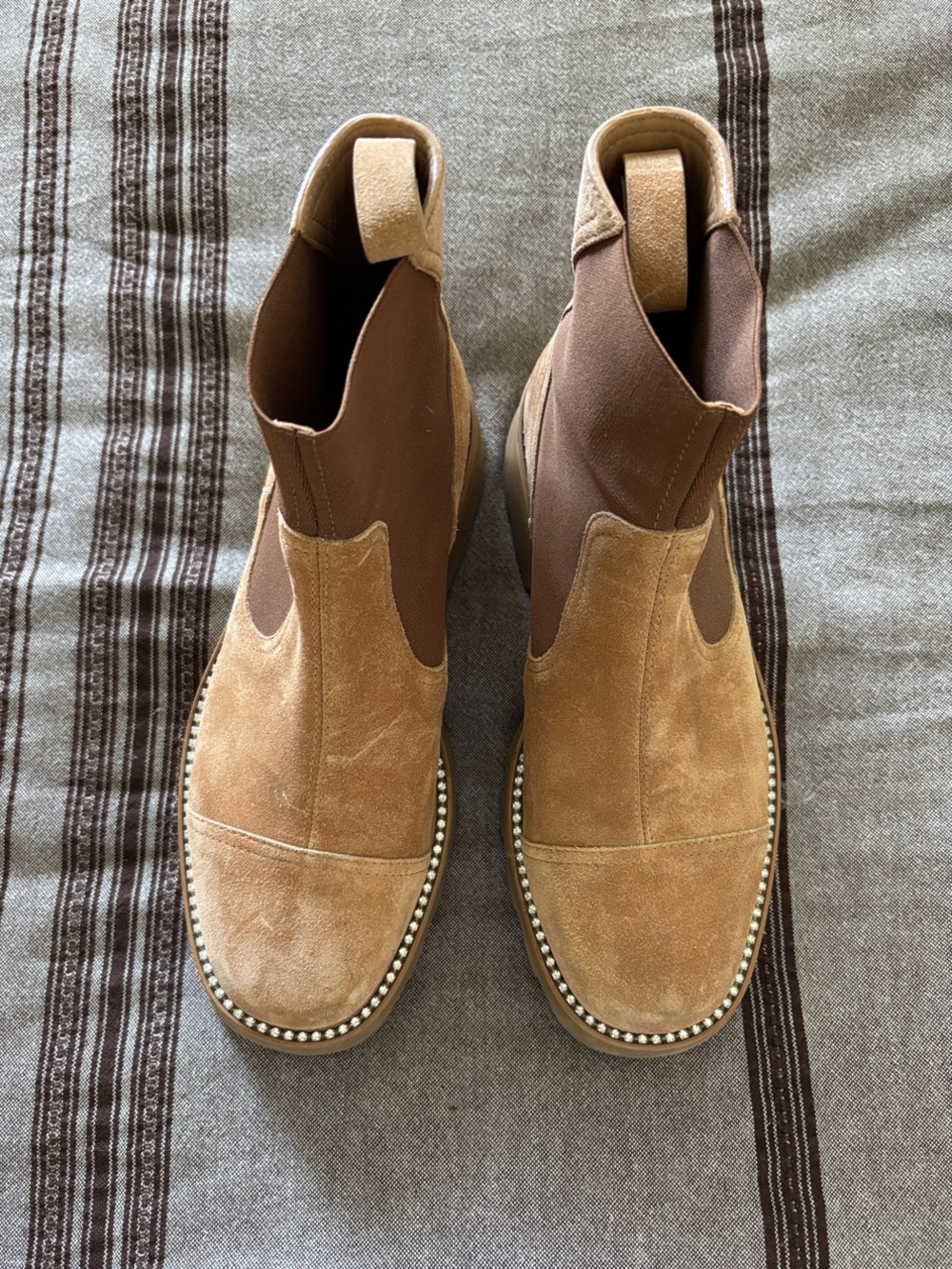 Jimmy Choo Tan Suede Chelsea Booties with Studded Trim